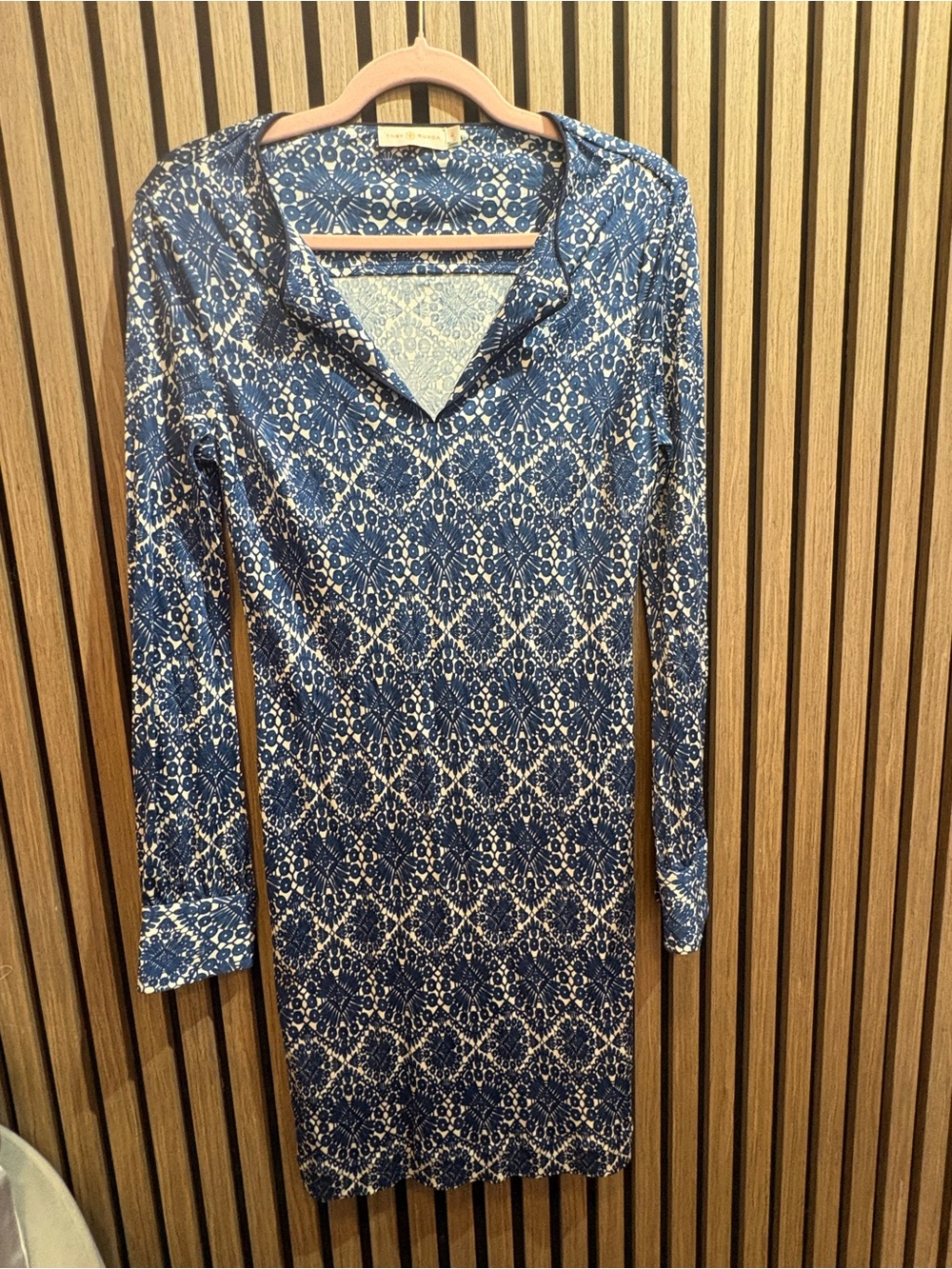 Tory Burch Navy and White Printed Long-Sleeve V-Neck Dress